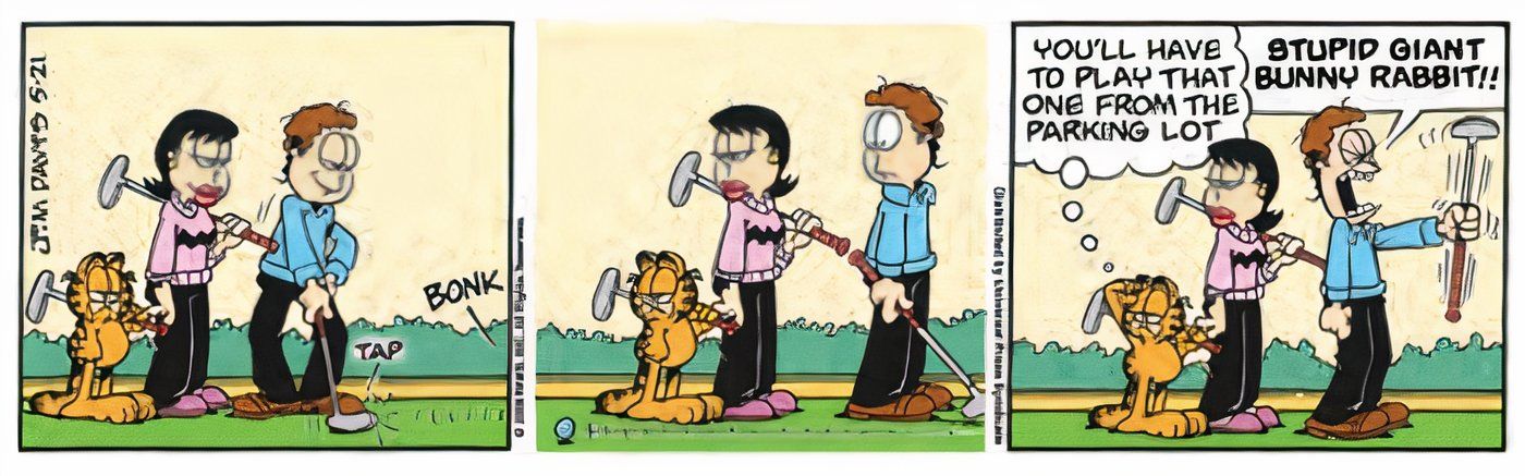 Jon flying into a fit of rage during a minigolf game with Garfield and Liz.