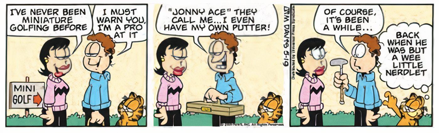 Jon, Liz, and Garfield playing minigolf.