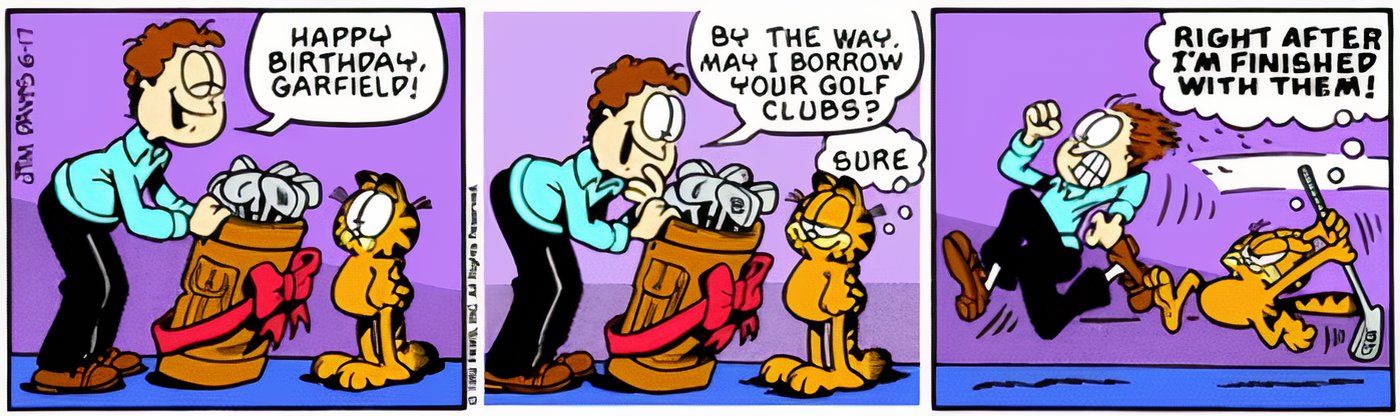 Jon giving Garfield new golf clubs, and Garfield chasing Jon with one of them.