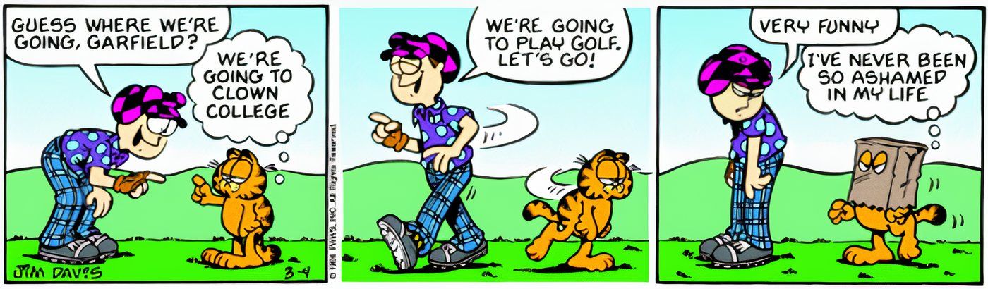 Garfield putting a paper bag over his head to not be seen with Jon while they golf.