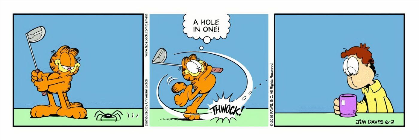 Garfield using his golf club to hit a spider into Jon's coffee mug.