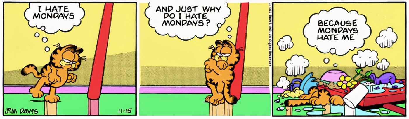 Garfield encostado em uma mesa antes que ela desabasse sobre ele.