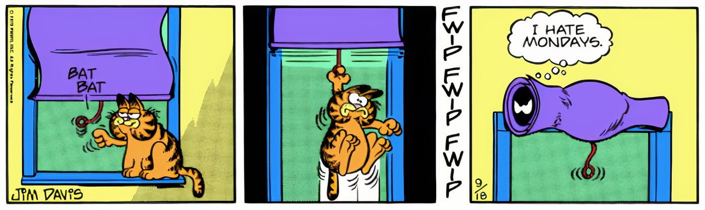 Garfield se enrolando nas persianas.