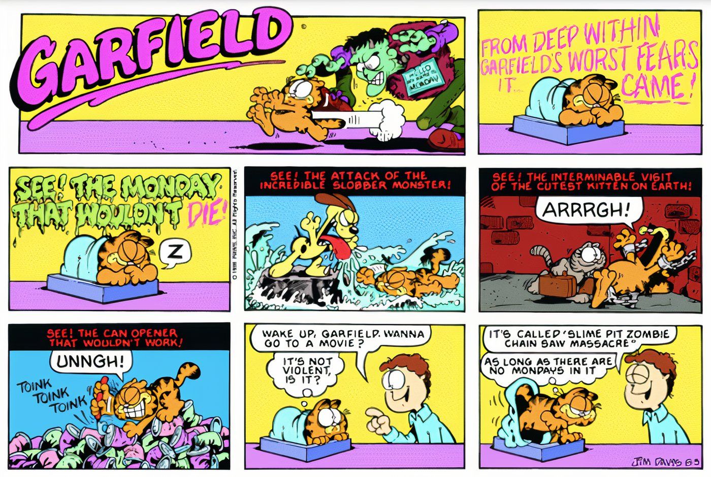 Garfield tendo um pesadelo com segundas-feiras.