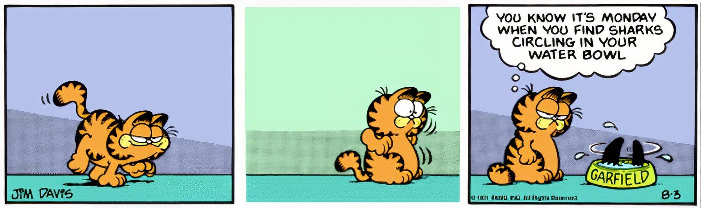 Garfield encontrando tubarões em sua tigela de água.