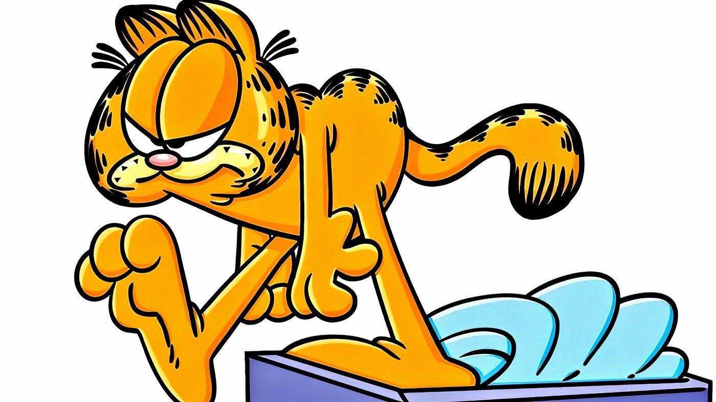 Garfield walking away from his bed, grumpy.