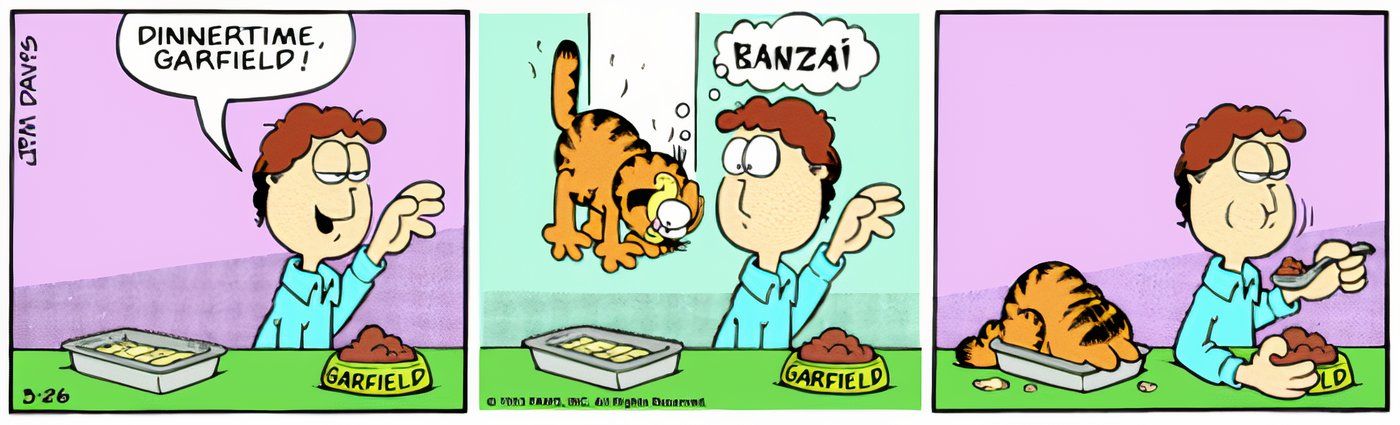 Garfield roba la lasaña de John, por lo que John comienza a comer la comida para gatos de Garfield.