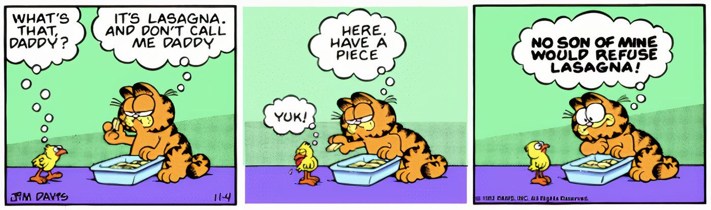 Garfield le ofrece a su pajarito un poco de lasaña y el pájaro la rechaza.