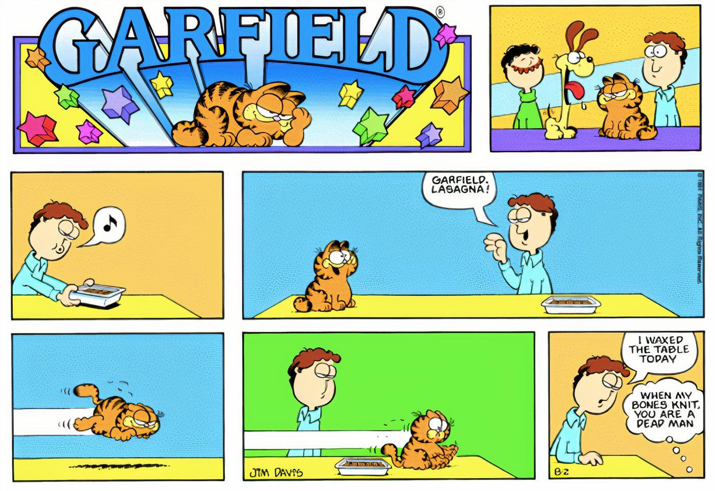 Garfield se deslizó del mostrador deslizante mientras corría por su lasaña.