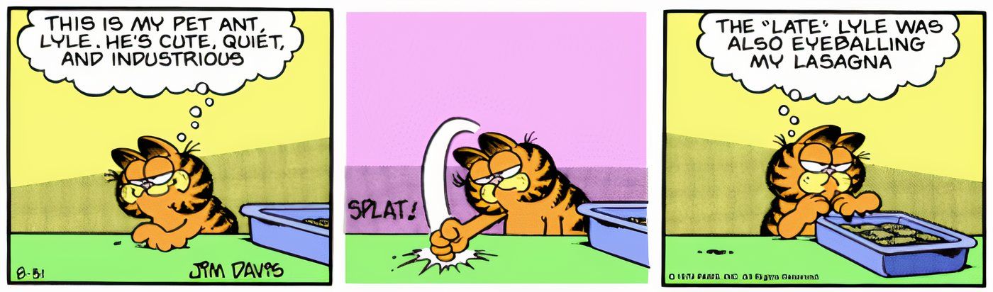 Garfield mata una hormiga para defender su lasaña.