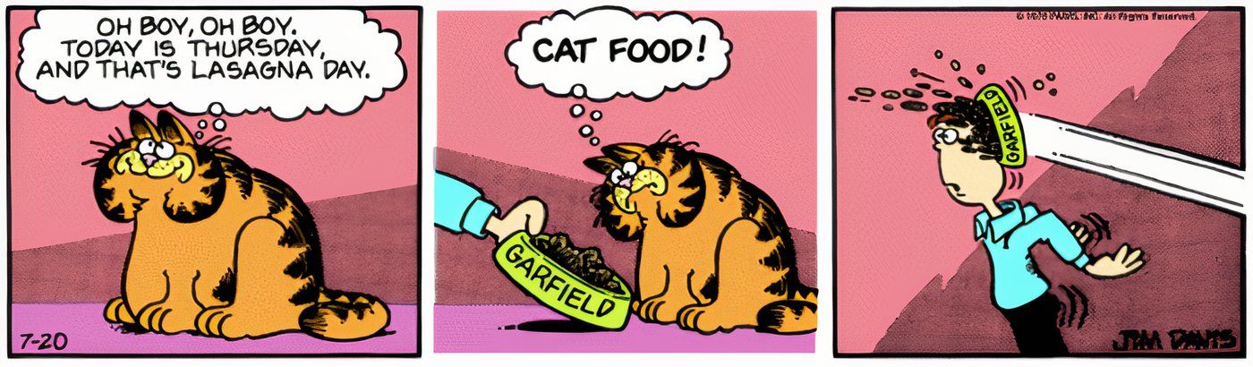 Garfield está arrojando su comida para gatos detrás de la cabeza de John.