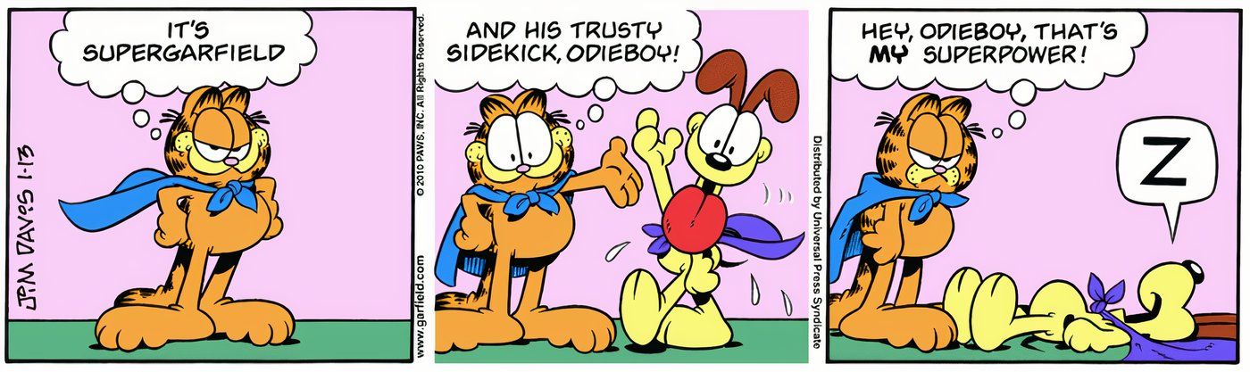 Garfield e Odie como seus alter egos de super-heróis: Supergarfield e Odieboy.