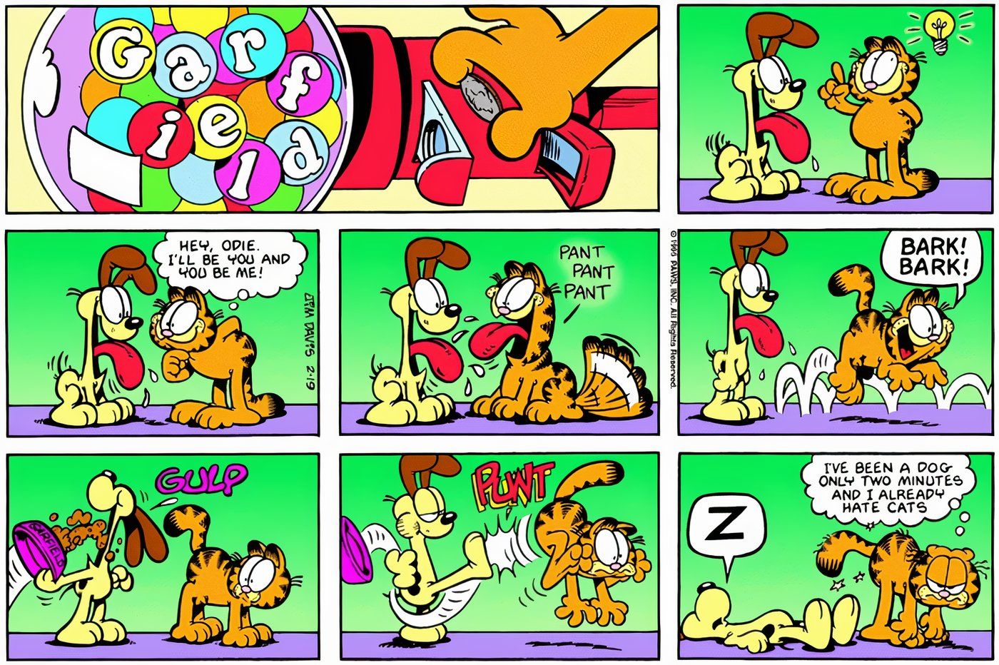 Odie e Garfield fingindo ser um ao outro.