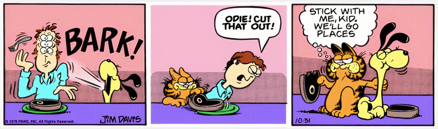 Garfield e Odie roubando bife de Jon.