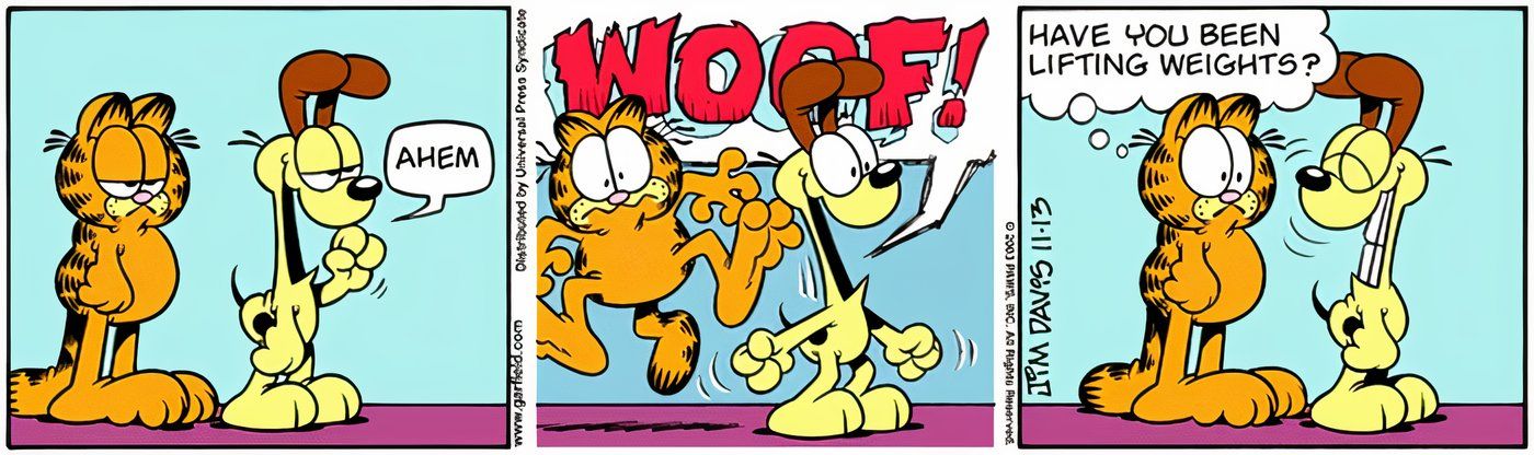 Garfield elogiando o latido de Odie.