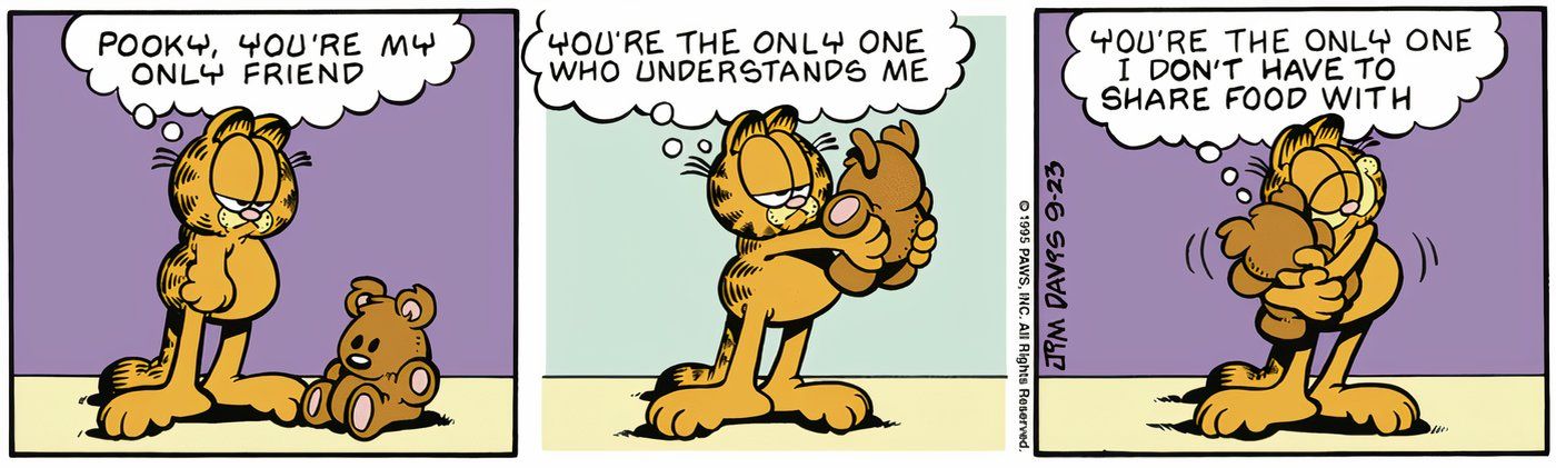 Garfield admitindo que gosta de Pooky porque não precisa dividir comida com ele.