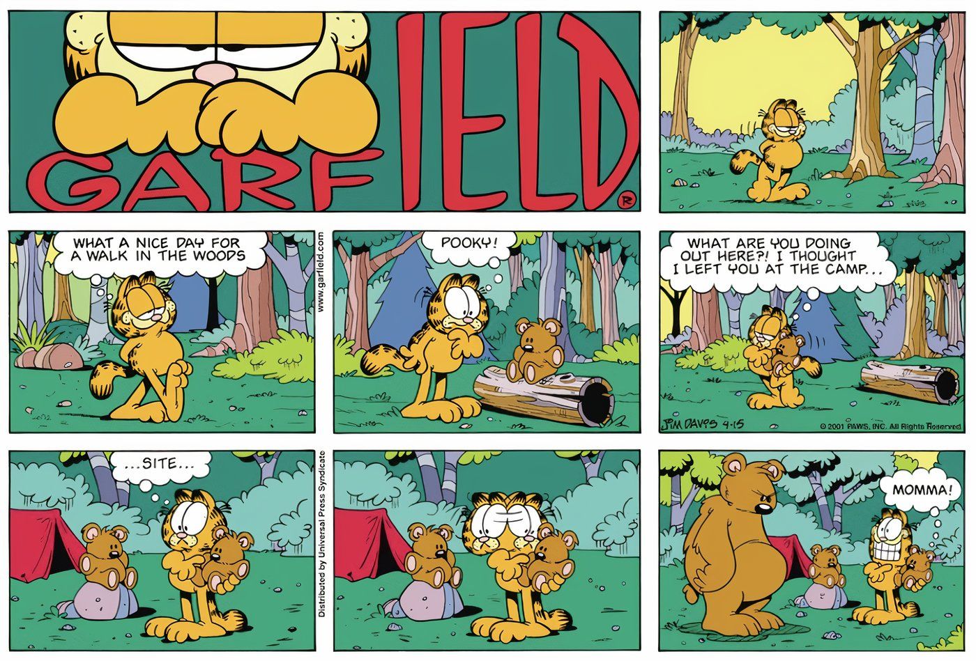 Garfield encontrando uma mamãe ursa furiosa na floresta.