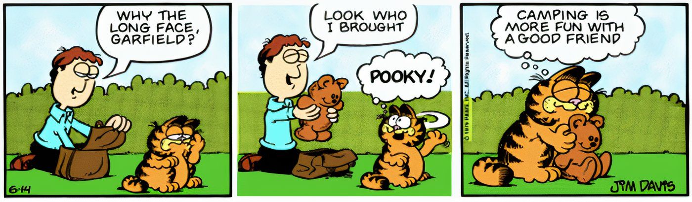 Jon surpreende Garfield com Pooky em um acampamento.