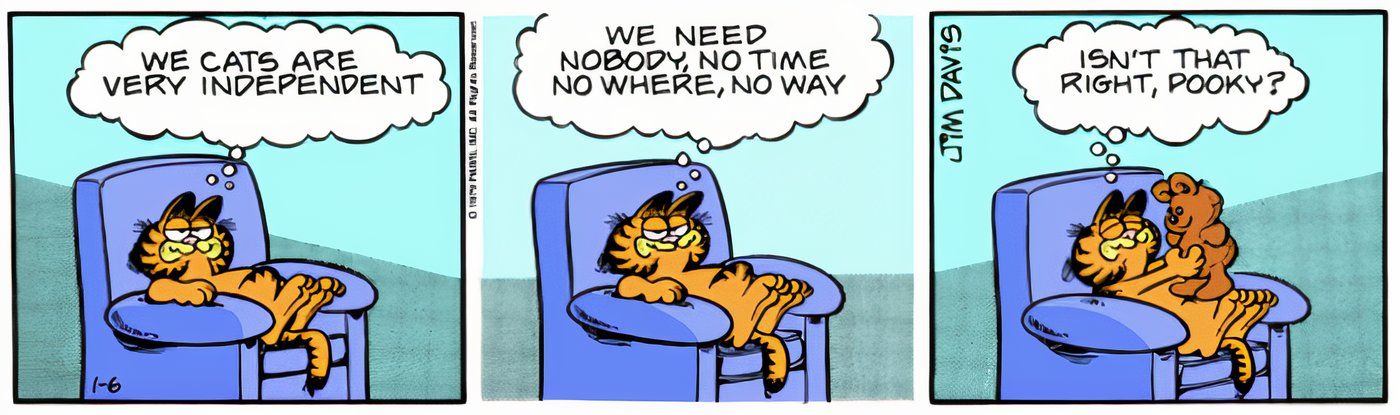 Garfield sentado em uma cadeira com Pooky, o ursinho de pelúcia.