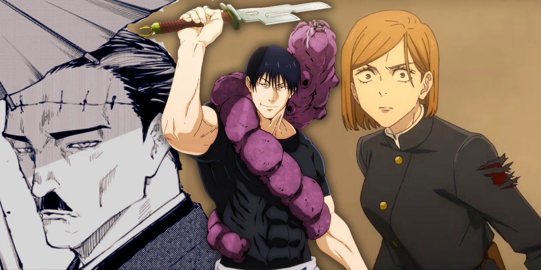 Toji in the middle with Nobara and Kenjaku in sorcerer&rsquo;s body in the background
