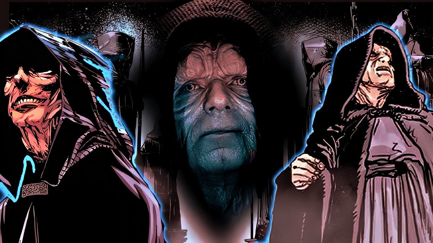 3 versions of Star Wars' Emperor Palpatine, the live-action version and two comic book versions.