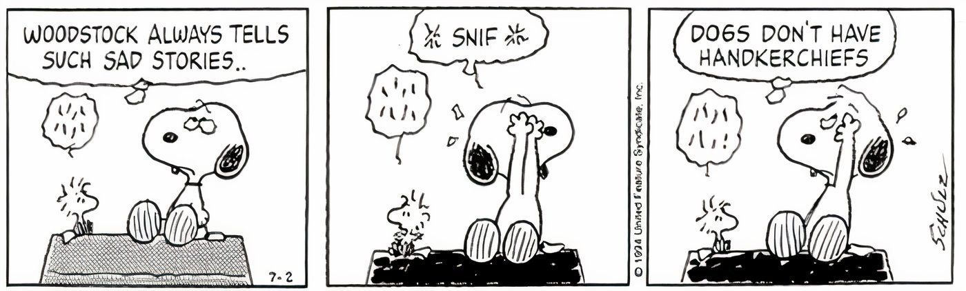 Woodstock contando uma história triste ao Snoopy. 