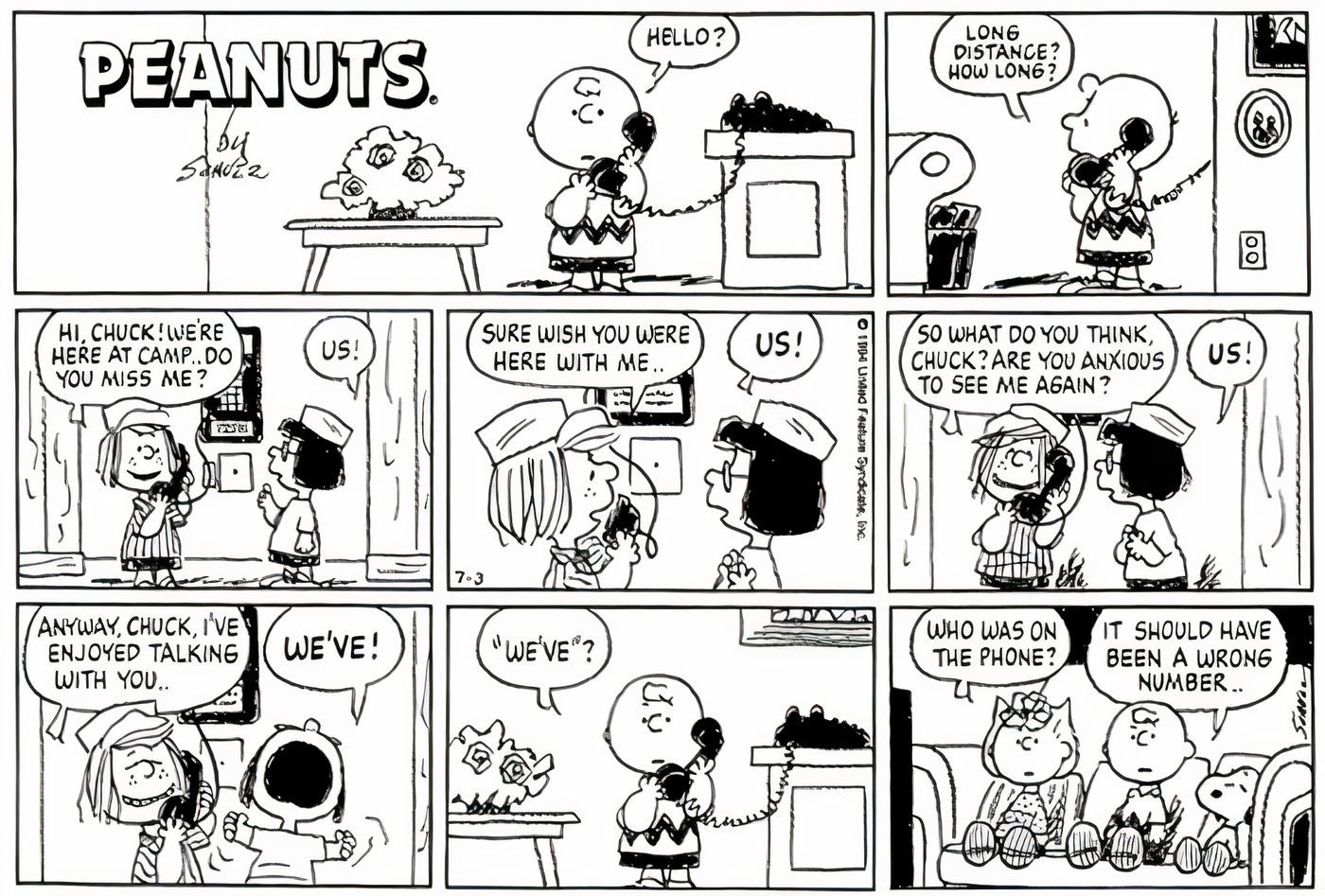 Peppermint Patty e Marcie ligando para Charlie Brown do acampamento.