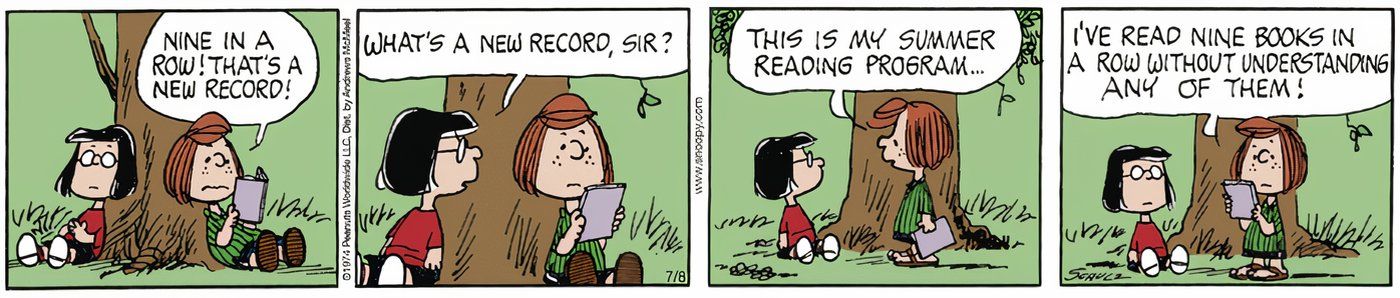 Peppermint Patty and Marcie hang under the tree.