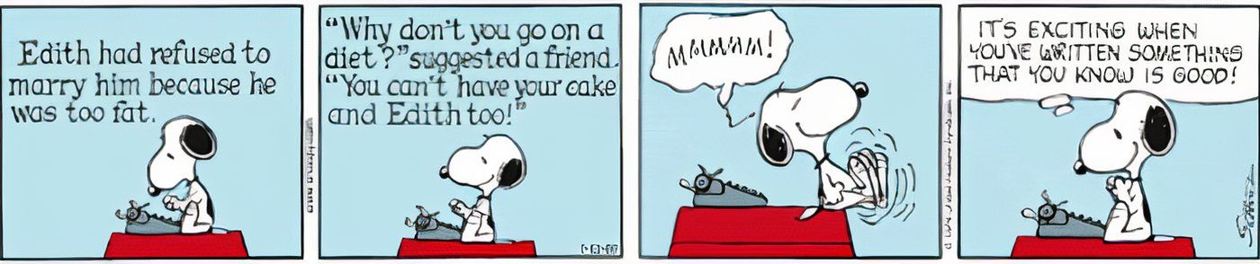 Snoopy est content de quelque chose qu'il a écrit.