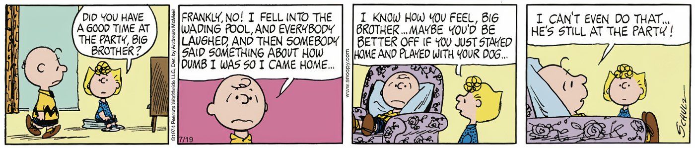 Charlie Brown talking to Sally after she returns from the party.