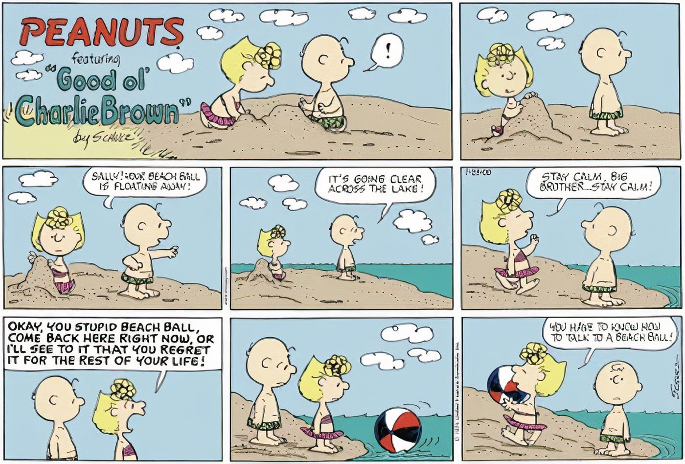 Charlie Brown and Sally enjoy a day at the beach.