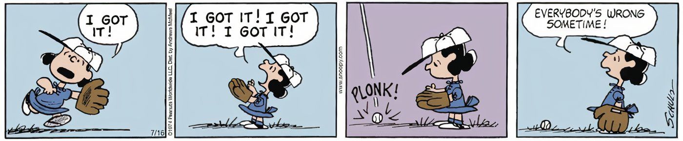 Lucy rate une balle de baseball qui arrivait droit sur elle dans Peanuts.