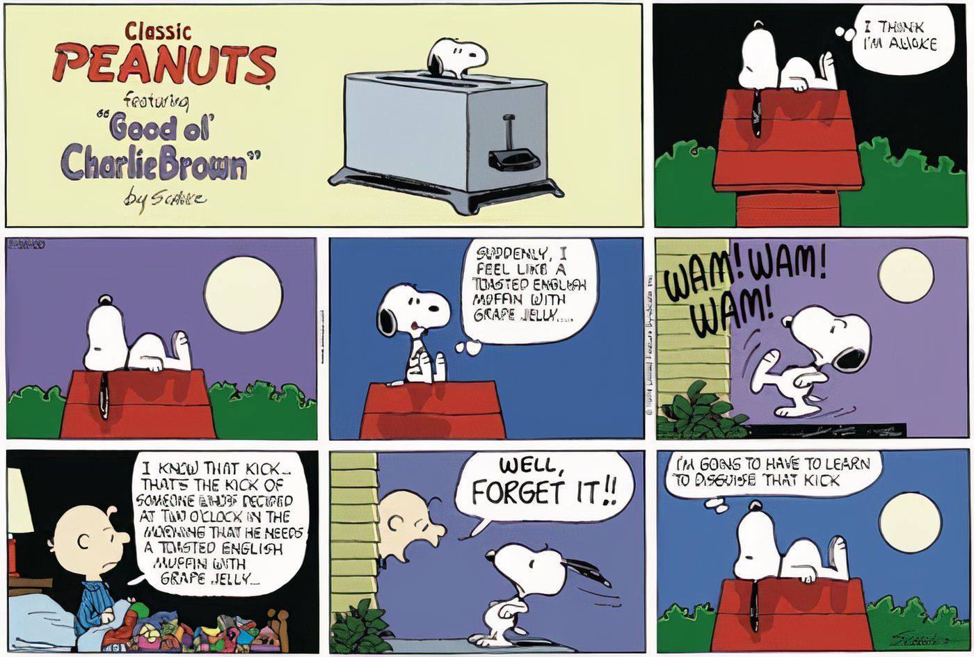 Snoopy gets mad at Charlie Brown for waking him up at 2 am.