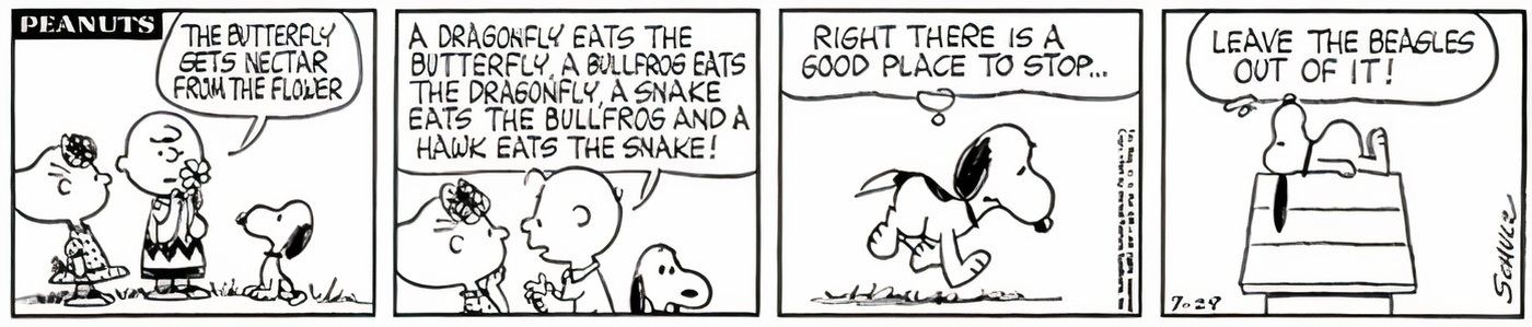 Snoopy se recusando a ouvir Charlie Brown ensinando Sally sobre a cadeia alimentar.