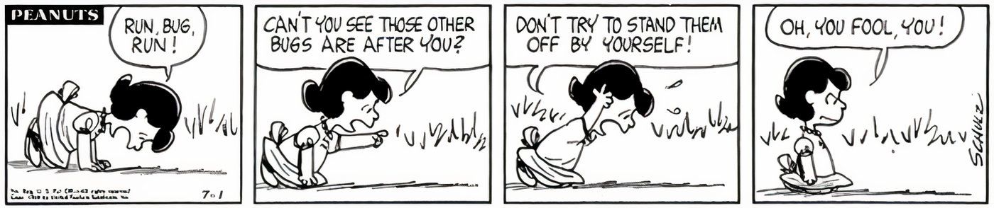 Lucy, do Peanuts, gritando para um inseto ouvi-la.