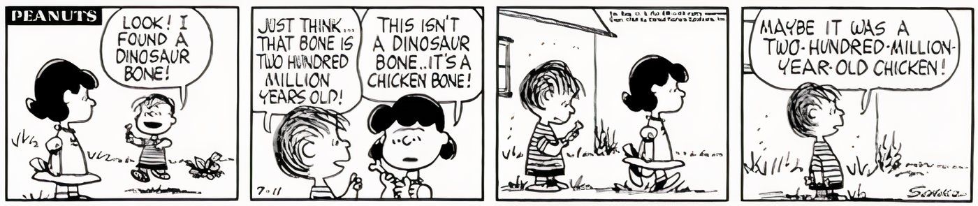 Linus mostrando a Lucy um osso de 