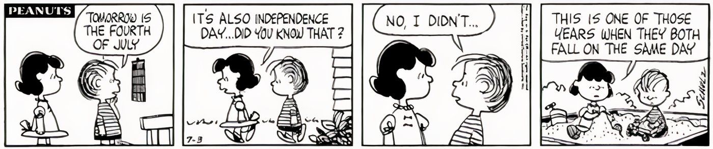 Lucy, do Peanuts, conta a Linus que o Dia da Independência e o 4 de julho são no mesmo dia.