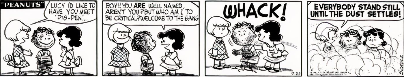 Lucy aceitando Pig-Pen na gangue Peanuts.