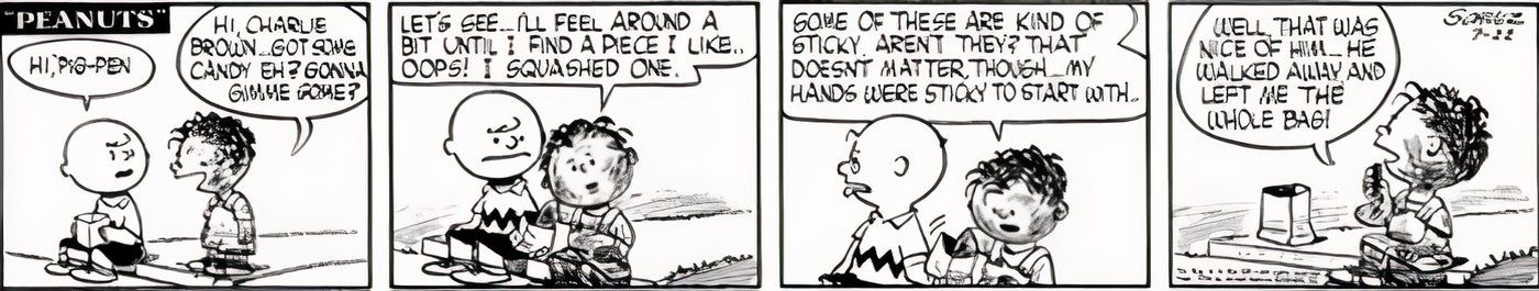 Charlie Brown deixando Pig-Pen ficar com todo o seu saco de doces depois de sujá-lo.