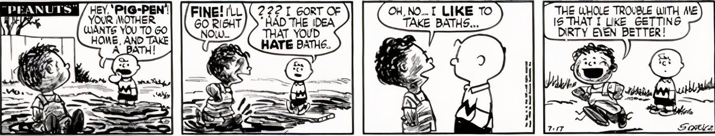 Pig-Pen dizendo a Charlie Brown que ele realmente gosta de tomar banho.