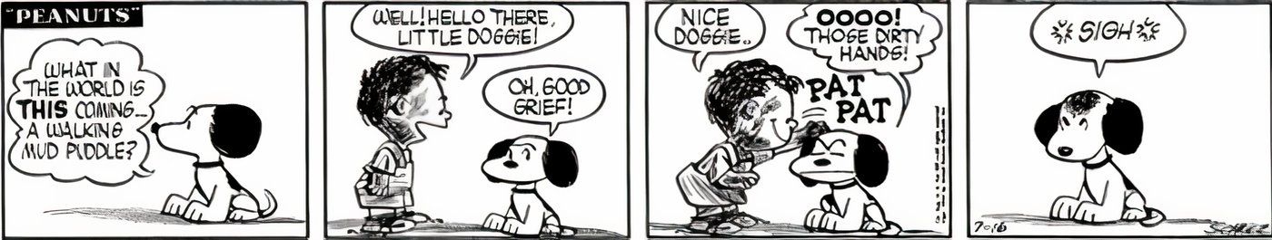 Snoopy conhece Pig-Pen pela primeira vez em Peanuts e decide que não gosta dele.