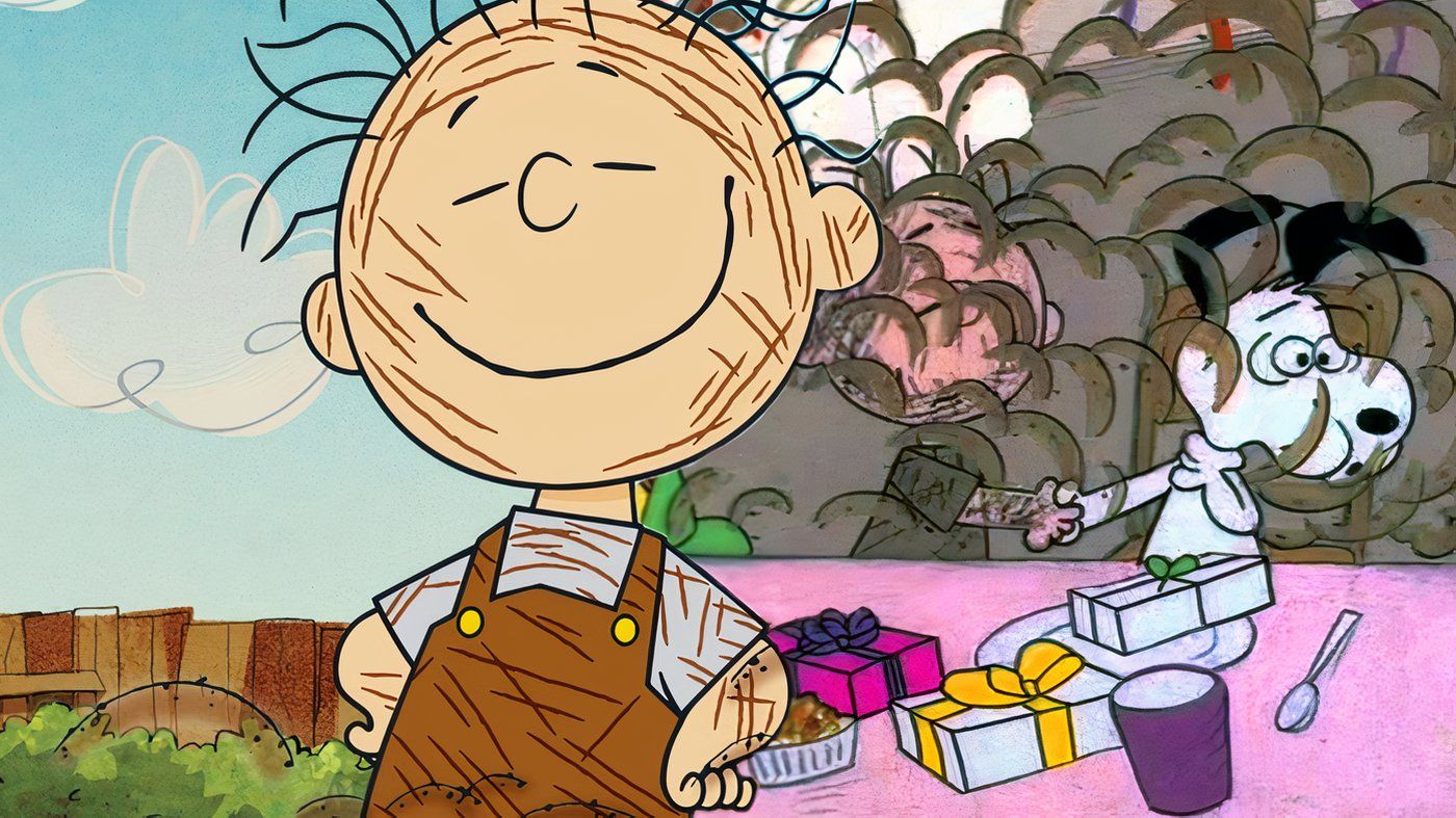 Peanuts' Pig-Pen with Snoopy coughing on his dust behind him.