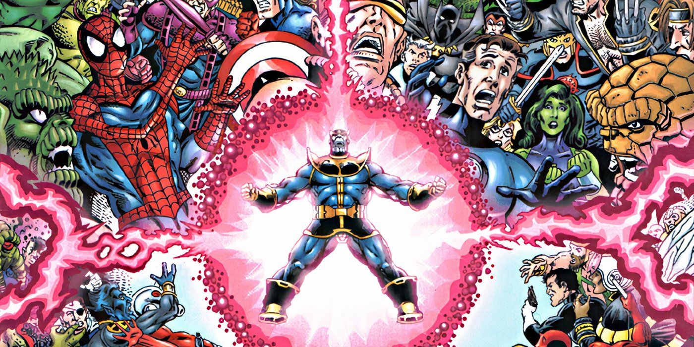 Thanos surge com poder enquanto o resto do Universo Marvel grita de horror.