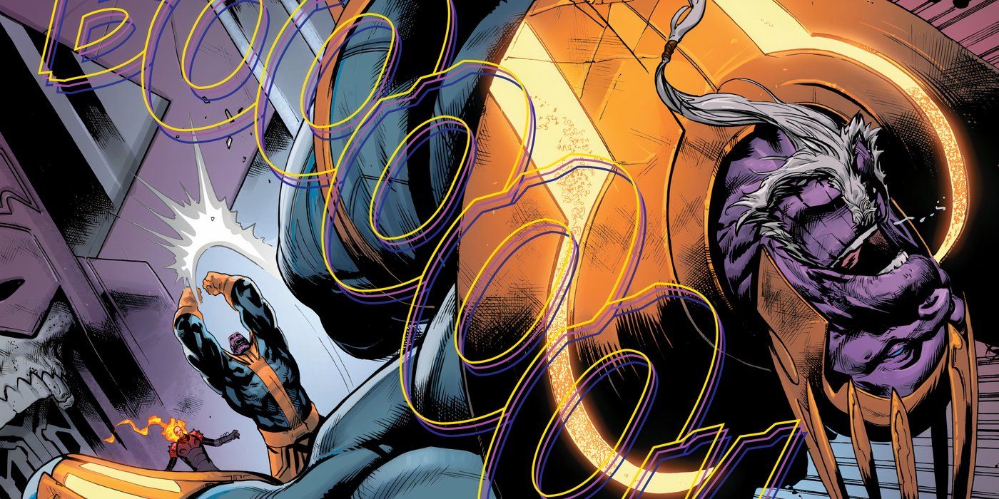 Thanos atingindo seu eu mais velho enquanto Cosmic Ghost Rider observa.