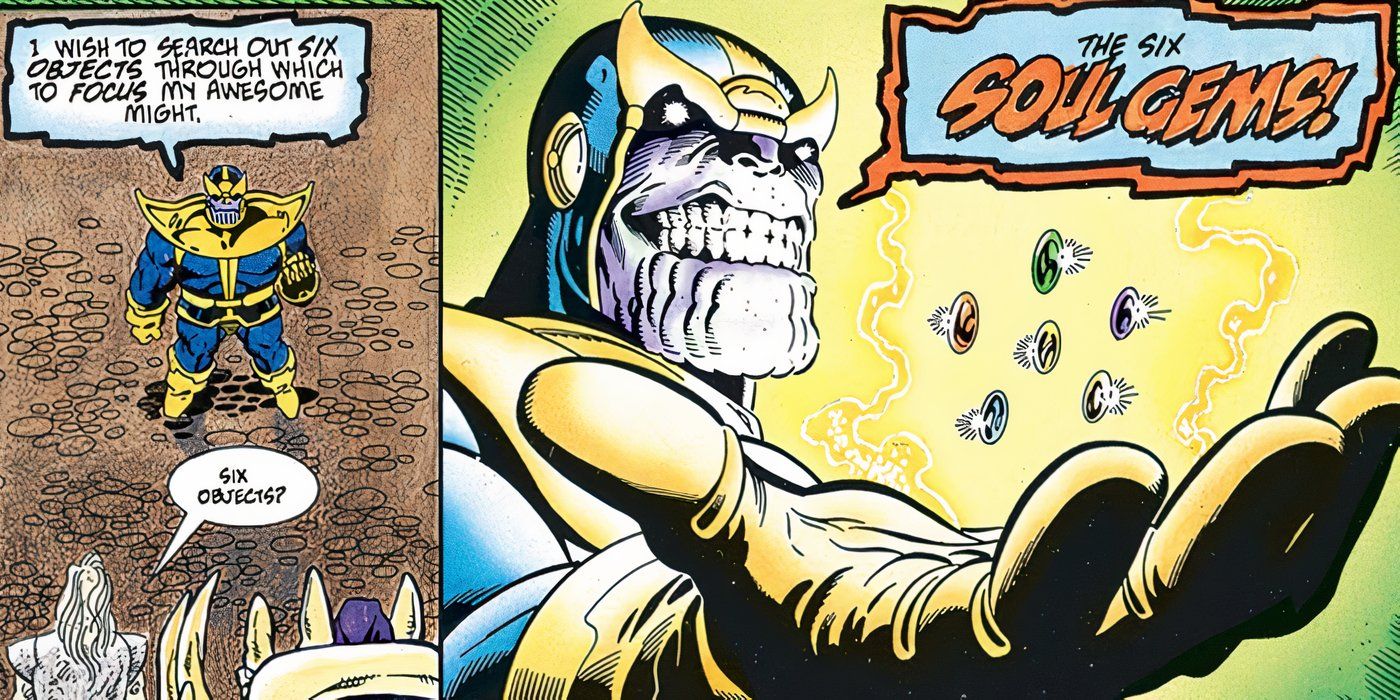 Thanos contando à Senhora Morte sobre seu objetivo de reivindicar as Joias do Infinito. 