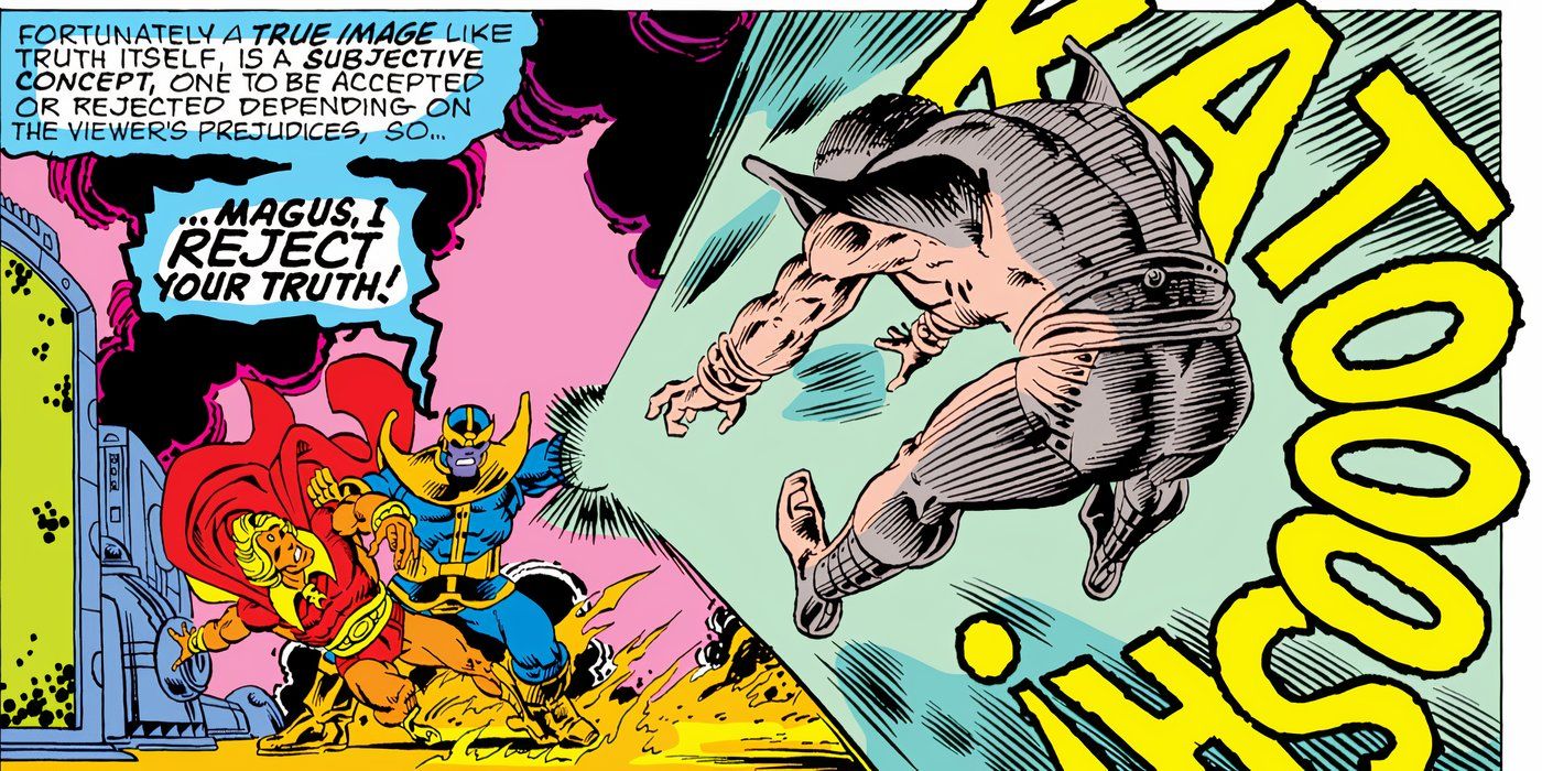 Thanos se unindo a Adam Warlock para lutar contra Magus. 