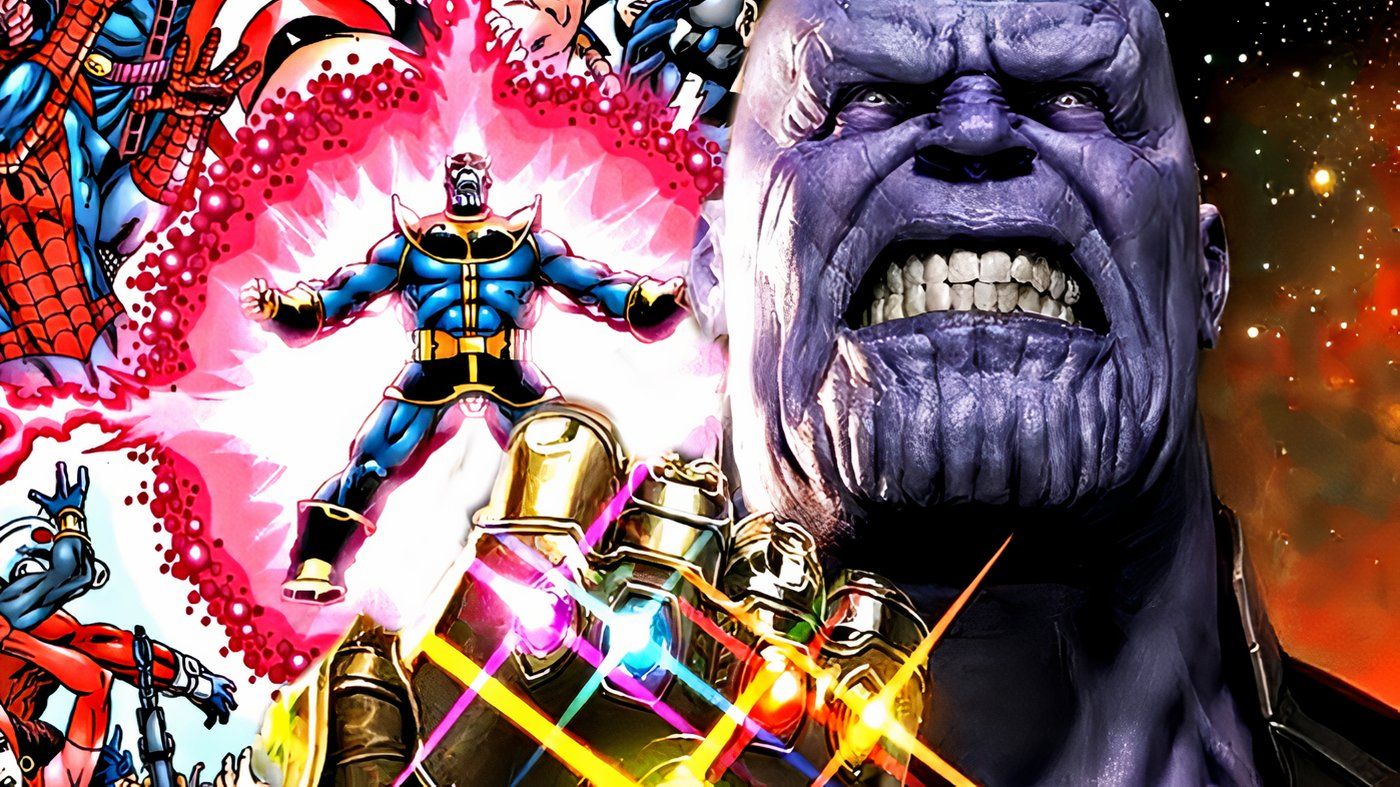 MCU&rsquo;s Thanos wielding the Infinity Gauntlet while Marvel Comics' Thanos surges with power behind him.
