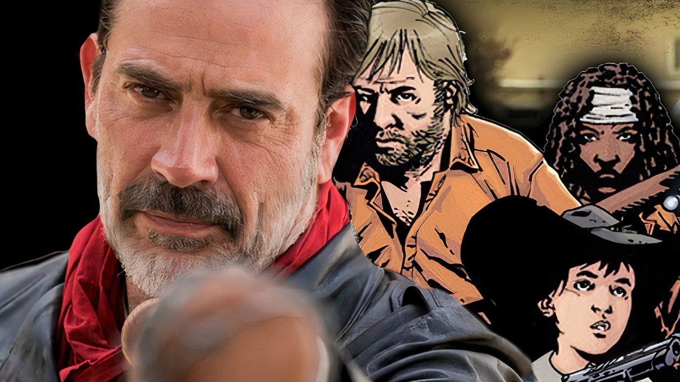 The Walking Dead&rsquo;s Negan with Rick, Carl, and Michonne behind him.