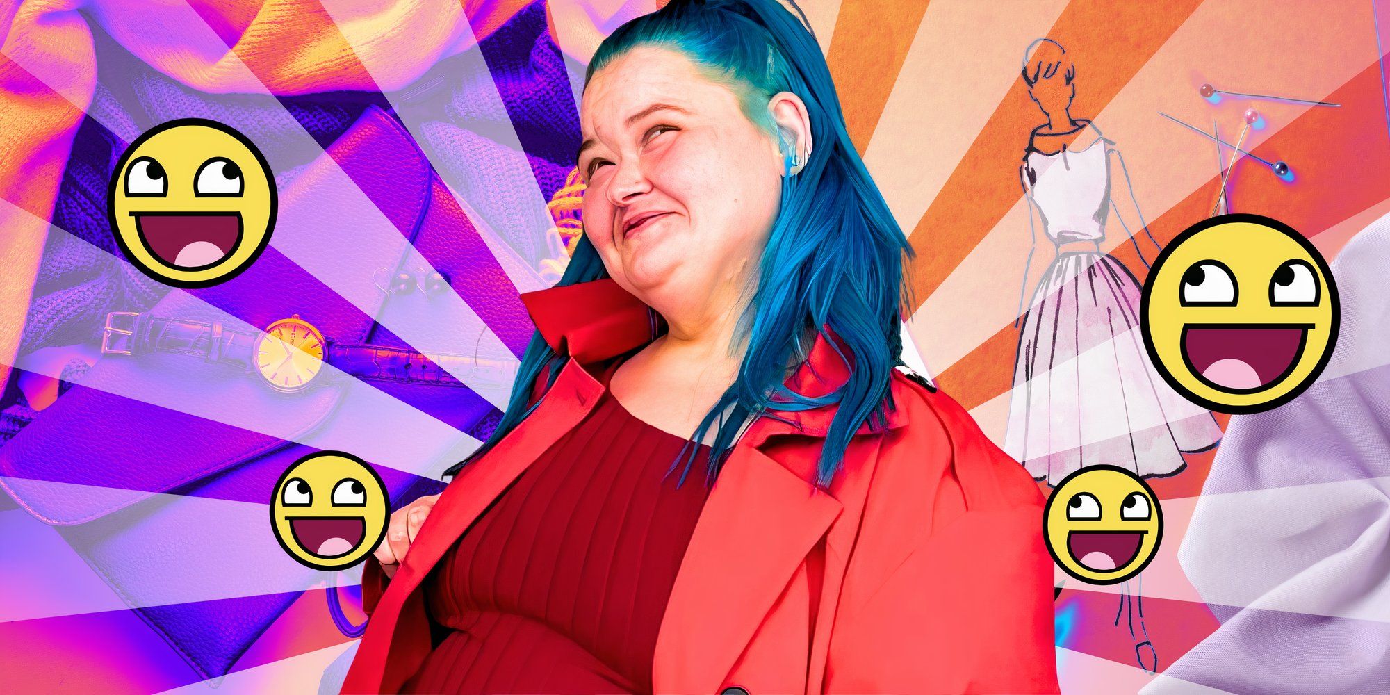 1000 lb sisters amy slaton smilng in red outfit with blue hair with excited emojis in the background