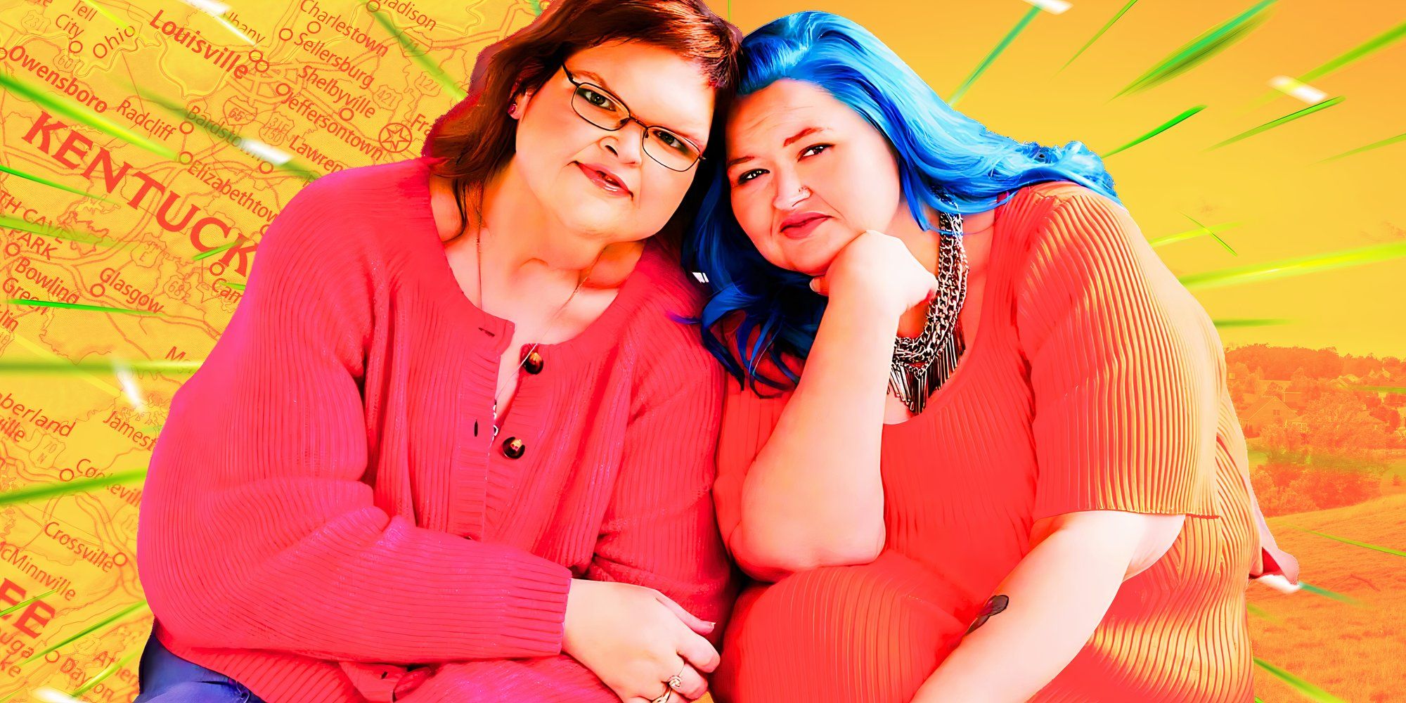 1000 lb sisters stars tammy and amy slaton posing close together in montage with kentucky map background